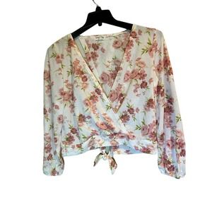 LLove + Joy by FCT Womens Size Large Blouse Pink Floral Faux Wrap